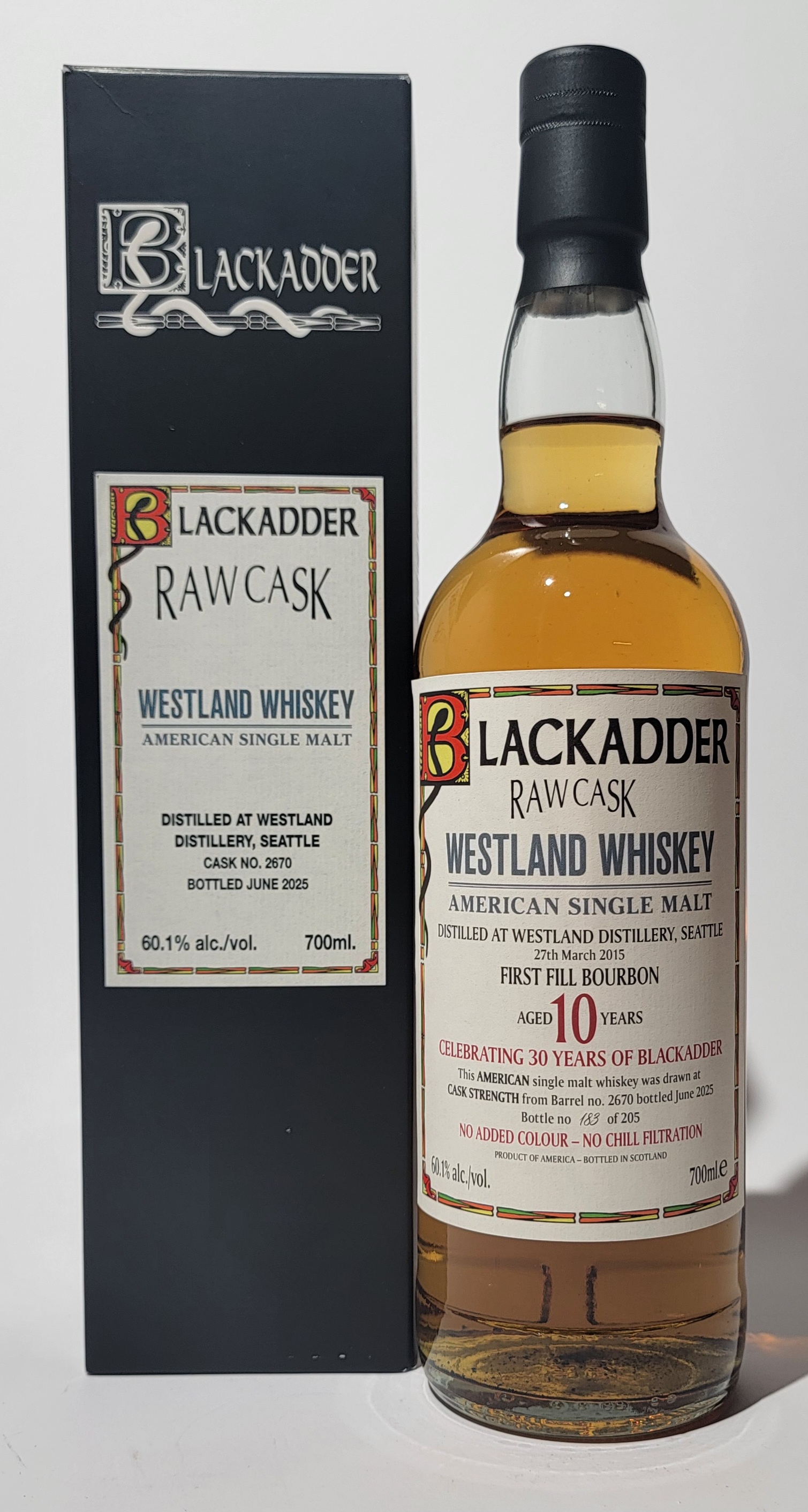 Karton und Falsche des Blackadder Raw Cask Westland 2015 10 Years Old